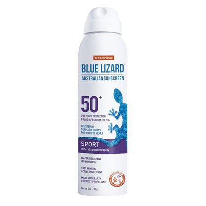 BLUE LIZARD Sport Mineral Sunscreen Spray SPF 50+, Dermatologist-Recommended Brand, Broad-Spectrum UVA/UVB Protection, Water-Resistant, Zinc Oxide Formula, Vegan, 5 fl oz (Pack of 2)