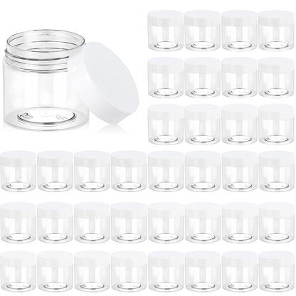 Eternal Moment 36 Pack 2 OZ Plastic Jars Round Clear Cosmetic Container Jars with White Lids, Perfect for Lotion, Slime，Cream, Ointments, Makeup, Eye Shadow, Samples, Pot, Travel Storage