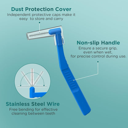 50 Count Angle Interdental Brushes for Braces, 5 Sizes, Extra Tight(0.6mm), Tight(0.7mm), Medium(0.8mm), Wide(1.0mm,1.2mm), L- Shaped Interproximal Floss for Dental Plaque Removal Health