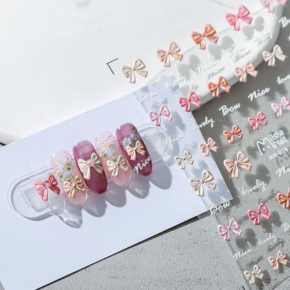 Bow Nail Stickers 5D Embossed Nail Art Decals Self-Adhesive Pink White Bows Nail Art Stickers for Women Girls Kids Nail Supplies Accessories