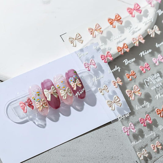 Bow Nail Stickers 5D Embossed Nail Art Decals Self-Adhesive Pink White Bows Nail Art Stickers for Women Girls Kids Nail Supplies Accessories