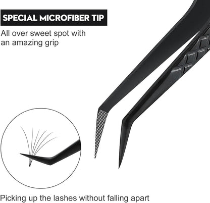 Ms.Queen Lash Extension Tweezers, Professional 45 Degree Fiber Grip Tweezers for Eyelash Extensions,Black