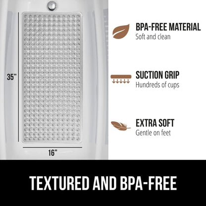 GORILLA GRIP Patented Bath Tub Shower Mat, Machine Washable Bathtub Floor Liner Mats, Suction Cups and Drain Holes to Keep Tubs Clean, Soft on Feet, Bathroom Essentials, 35x16 Inch, Clear Gray