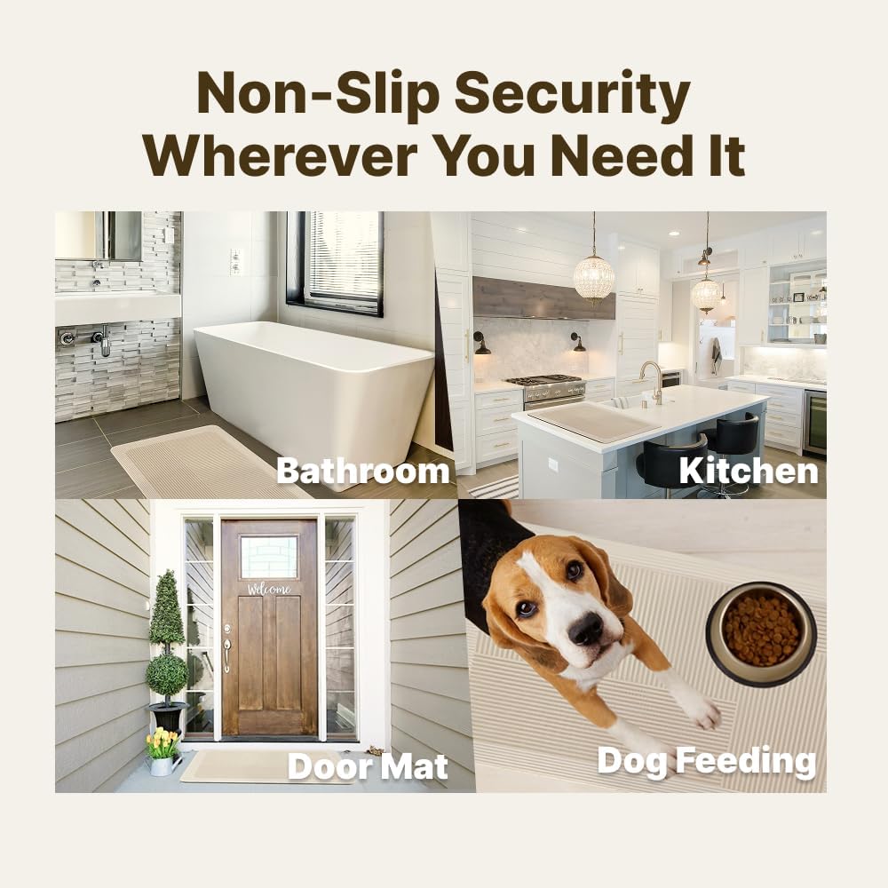 Beige Striped Diatomite Bath Rug – Quick Dry Super Absorbent Diatomite Stone Shower Mat – Ultra Thin Non-Slip Rubber Bath Mats for Bathroom Floor, Stylish & Durable Home Décor, 24" x 17"