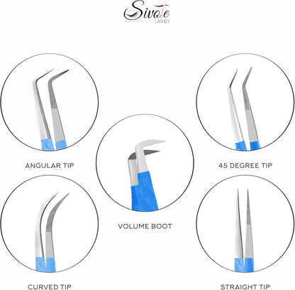 SIVOTE Lash Tweezers for Eyelash Extensions, Pack of 5 Blue – Lash Extension Tweezers Set with Diamond Grip, Precision Fiber Tip for Volume Tweezers Eyelash Extensions