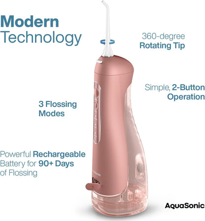 AquaSonic Aqua Flosser PRO - Rechargeable Cordless Water Flosser for Teeth, Gums & Tongue - Modern Design, 300ml Large Tank, 6 Jet Tips with Deluxe Tongue Nozzle, 3 Modes, Waterproof Rose Gold