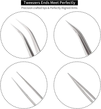Best Eyelash Extension Tweezer Set - FEITA Pro Straight & Curved Pointy Precision Fine Tip Tweezers for Lash Extensions - Silver - 2Pcs