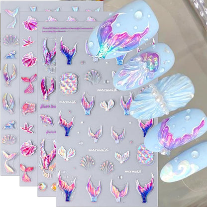 5D Dreamy Mermaid Tail Nail Stickers Summer Nail Decals 5D Embossed Laser Mermaid Nail Art Stickers Sea Wave Fishtail Shellfish Starfish Nail Design Stickers Self Adhsive Ocean Stickers for Nails DIY