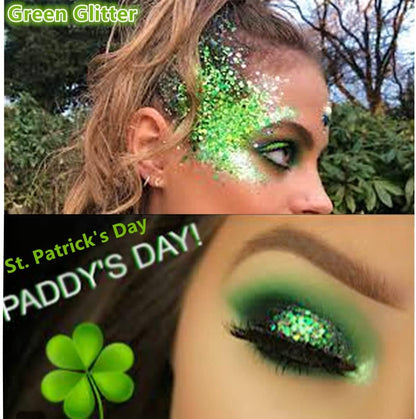 Go Ho Green Face Body Glitter,St Patricks Day Face Glitter Makeup,Green Face Paint Holographic Chunky Sequins Glitters for Eye Lip Hair Nails,Festival Rave Accessories,52g