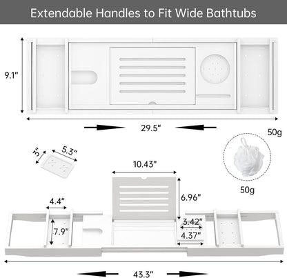 Zhuoyue Bamboo Bathtub Tray, Expandable Premium Bath Tray for Luxury Bathroom, Adjustable Bath Accessories for Tub with Soap Towel Book Holder, Extendable 29.5-43.3" White