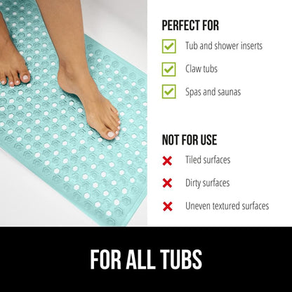 GORILLA GRIP Patented Bath Tub Shower Mat, Machine Washable Bathtub Floor Liner Mats, Suction Cups and Drain Holes to Keep Tubs Clean, Soft on Feet, Bathroom Essentials, 35x16 Inch, Clear Green