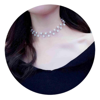 Boho Pearl Choker Necklace Silver Pearl Beaded Choker Necklace Pearl Station Necklace Jewelry Minimalist Short Chain Collarbone Necklace Jewelry for Women and Girls