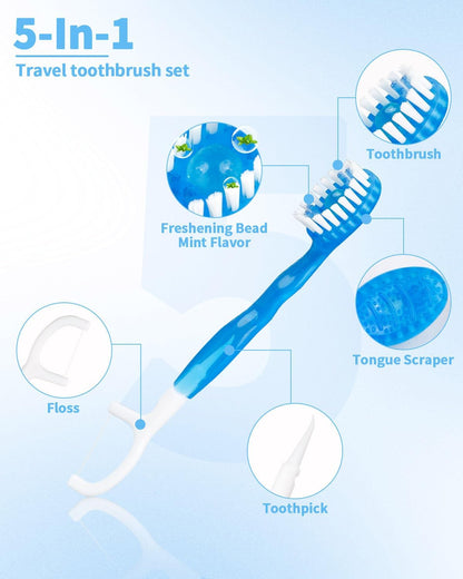 5 in 1 Disposable Mini Toothbrushes Travel Size with Toothpaste, Floss, Pick & Tongue Scraper, Individually Wrapped, Portable Oral Care Set, 32 Packs, Mix 4 Flavors