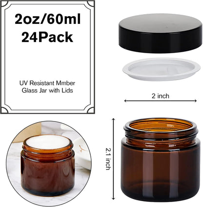 2oz Jars with Lids, Hoa Kinh 24 Pack Amber Glass Jars with Lids Empty Cosmetic Containers Round Airtight Glass Jar with Inner Liners and black Lid for Storing Lotions, Powders, and Ointments