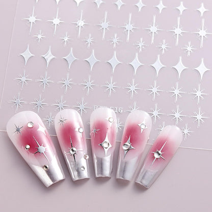 3D Self-Adhesive Star Nail Art Stickers - 12 Sheets Silver Gold Black White Decals for Acrylic Nails - Nail Design Supplies for Women Girls