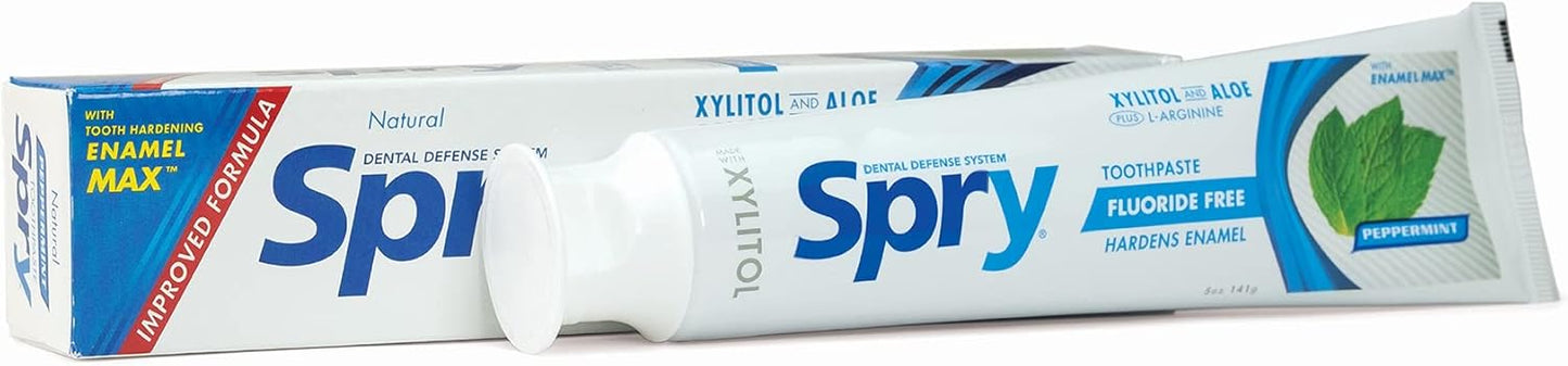 Spry Natural Xylitol Toothpaste 5oz for Adults and Kids - Fluoride Free, Gentle for Sensitive Teeth Whitening and Remineralizing, Breath Freshening, Mouth Moisturizing, Peppermint (Pack of 6)