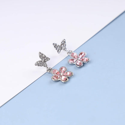 Vintage Pink Crystal Flower Earrings Butterfly Flower Drop Earrings Silver Rhinestone Butterfly Stud Earrings Pink Gemstone Butterfly Earrings Jewelry for Women