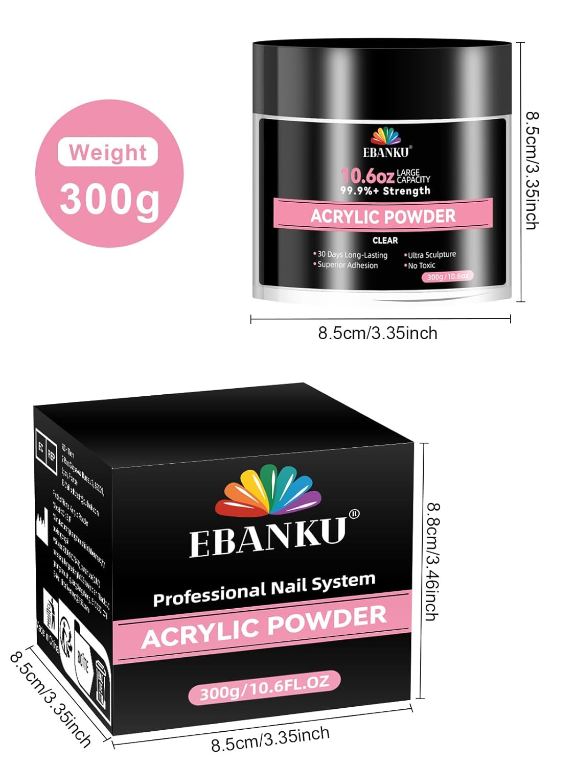 EBANKU 10.6oz Clear Acrylic Powder, Crystal Transparent Acrylic Nail Powder for Nail Extenstion, Nail Carving, Long-Lasting, No Lamp Needed, Professional Nail Powder for French Manicure