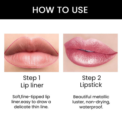 Kaely 2-in-1 Natural Pink Metallic Shine Shimmer Lip Liner & Lipstick Combo Set Kit for Women, Lightweight Hydrating Formula High Impact Full Coverage Lipstick and Lip Liner Makeup Gloss 20