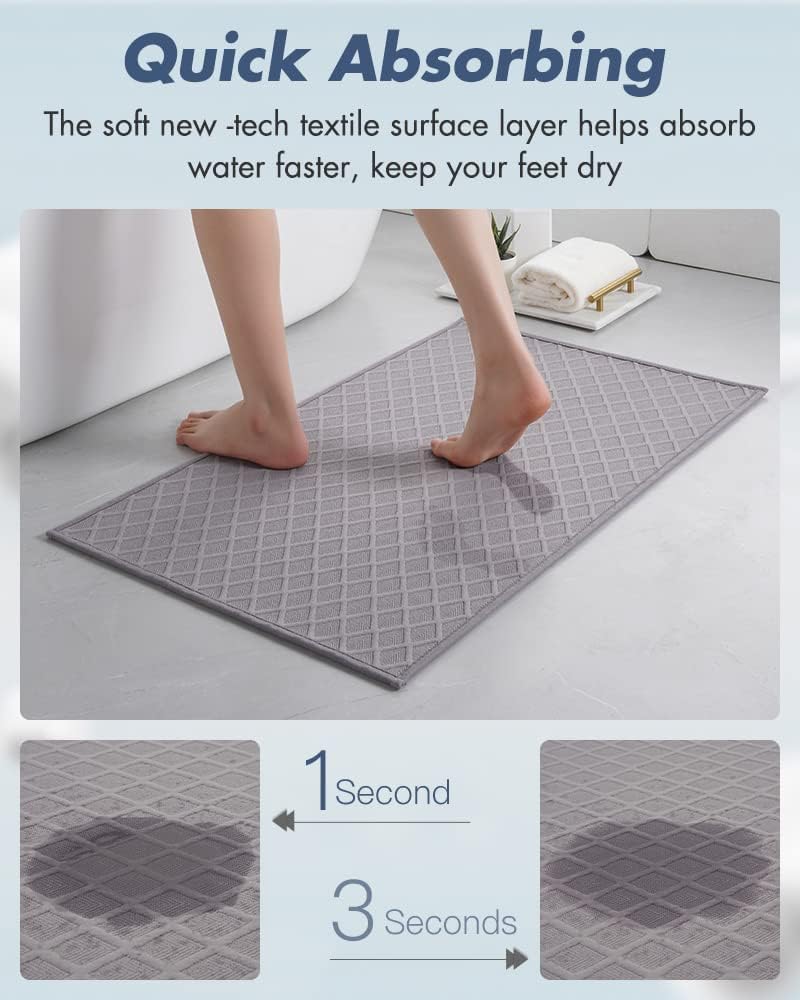AMOAMI Ultra Thin Bathroom Rugs, Rubber Backed Bath Mats for Bathroom Non Slip, Absorbent Bathroom Mat for Floor, Shower, Sink (17"x28", Grey)