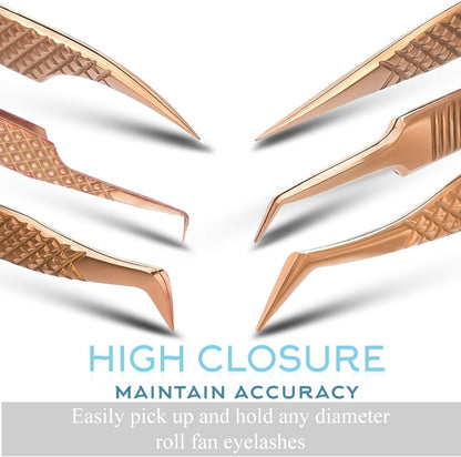 SIVOTE Eyelash Extension Tweezers Fiber Tips Japanese Steel, Set of 6 – Curved, Dolphin, 90° 45° Volume Boot & Slight Curved Tweezer – Professional Lash Tweezers for Lash Extensions Rose Gold