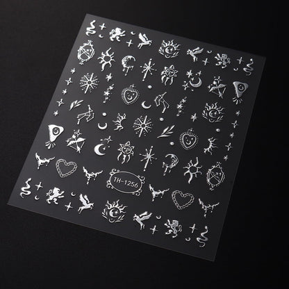 6 Sheets Metallic Nail Art Stickers Decals-3D Self-Adhesive Sun Stars Moon Nail Design Luxury Silver Metallic Nail Supplies Designer Nail Stickers for Women Acrylic Nails Decorations Accessories Craft