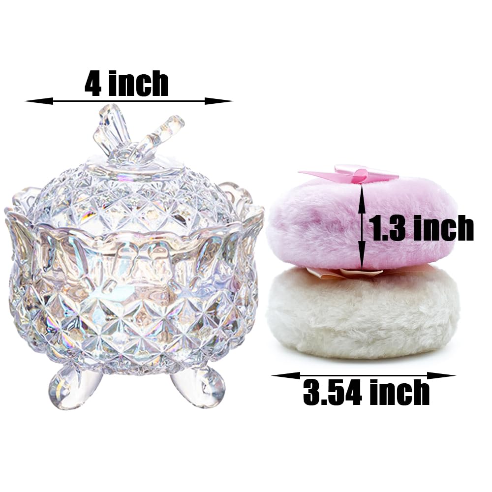 Luxury 4 Inch Glass Powder Container with 2 Soft 3.5" Puffs｜Non-Sealed Refillable Organizer for Body Powder,Makeup & Jewelry｜Setting Powder Applicator w/ Loose Powder Storage(Butterfly-Dazzling Color)