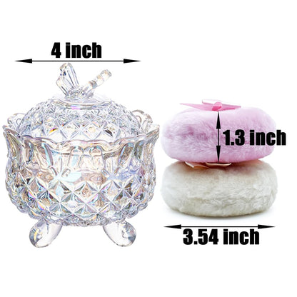 Luxury 4 Inch Glass Powder Container with 2 Soft 3.5" Puffs｜Non-Sealed Refillable Organizer for Body Powder,Makeup & Jewelry｜Setting Powder Applicator w/ Loose Powder Storage(Butterfly-Dazzling Color)