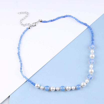 Boho Pearl Choker Necklace Vintage Blue Heishi Surfer Choker Imitation Pearl Necklace Chain Vinyl Seed Beads Necklace Summer Beach Bohemian Necklace Jewelry for Women and Girls