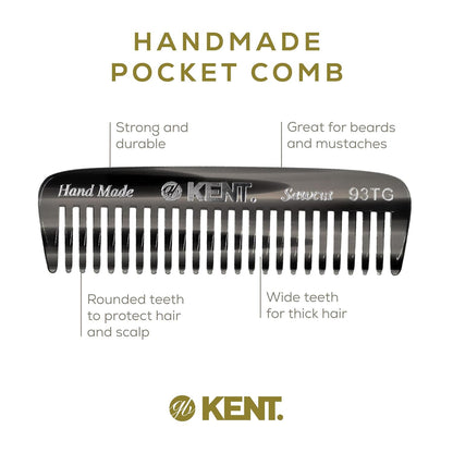 Kent 93T Black Graphite Wide Tooth Men's Comb, for Mustache and Beard ideal for Facial Hair, Small Pocket Sized Travel Detangler Comb, Saw-Cut Hand polished Made in England