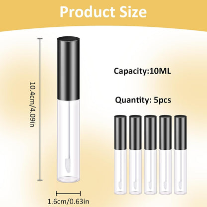 Molain 5PCS Empty Lip Gloss Tubes, 10ml Refillable Cosmetic Containers Bottles Lip Balm Bottles with Wand Concealer for Lipstick Samples, Lip Balms(Black tube cap)