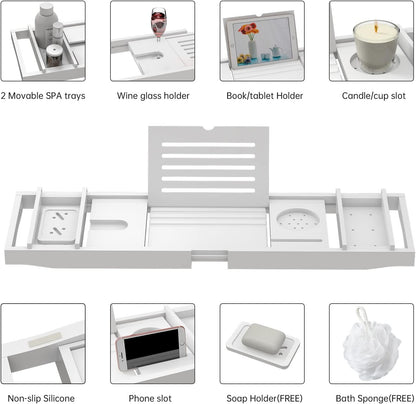 Zhuoyue Bamboo Bathtub Tray, Expandable Premium Bath Tray for Luxury Bathroom, Adjustable Bath Accessories for Tub with Soap Towel Book Holder, Extendable 29.5-43.3" White