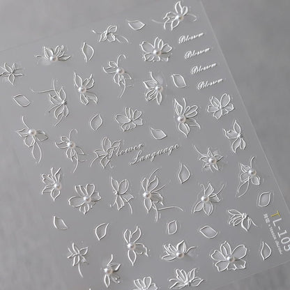 5D Embossed Flower Nail Stickers for Nail Art White Floral Nail Art Stickers Self-Adhesive Pearls Nail Art Decals for Women Nail Supplies Art Design Stickers (1, White Flower)