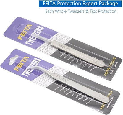 FEITA Precision Eyelash Extension Tweezers Set - Professional Straight & Curved Pointed Very Fine Tip Tweezers for Lash Extensions - Silver - 2Pcs