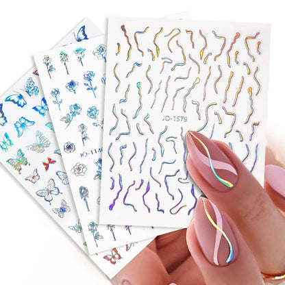 8 Sheets Aurora Silver Heart Nail Decals 3D Self Adhesive Design Star Stickers Holographic Butterfly Flame Nail Stickers for Women Girls DIY Manicure Tips Decoration