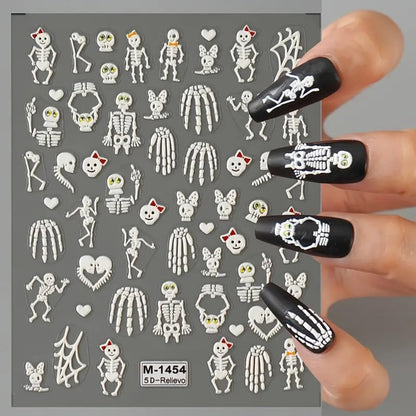 2 Sheets Halloween 5D Embossed Nail Art Stickers - Skeleton, White Skull Nail Stickers with Spider Web Heart Design - Self-Adhesive Horror Decals for Women - Art Supplies and Decorations