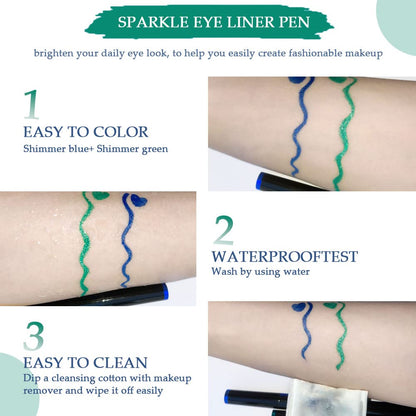 evpct 2Pcs Green & Royal Blue Glitter Shimmer Liquid Eyeliner Eye Shadow Makeup Pencil Set, Green Blue Face Body Glitter Makeup Fake Eyelashes Mascara, Sparkle Metallic Colored Eyeliner Waterproof