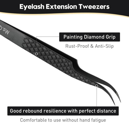 Ms.Queen Lash Tweezers for Eyelash Extensions,Set of 5,Fiber Tip Curved 45 90 Degree and L-Shape Boot Lash Tweezers for Mega Volume & Classic Lashes,Black
