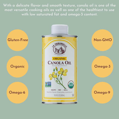 La Tourangelle, Organic Canola Oil, Expeller-Pressed Non-GMO Canola Seeds, Pesticide and Chemical Free, High Heat Neutral Cooking Oil, 33.8 fl oz