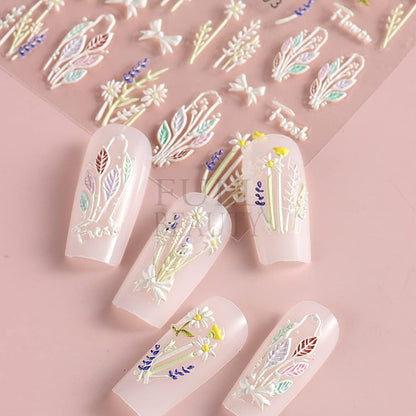 5D Nail Art Stickers 4 Sheets Pink Flowers Geometric Lines Decor Acrylic Embossed Sliders Gold Strips Decals Charms Cherry Blossom Manicure Accessories