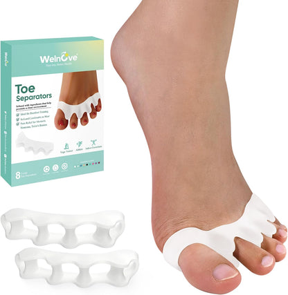 Welnove Toe Separators Spacers for Women - 8 Pack Gel Toe Straightener to Correct Bunions and Relieve Foot Pain - Silicone Toe Spacers for Hammertoe Yoga Practice - White