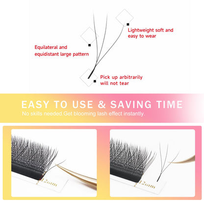 W Lash Extensions Supplies 3D Eyelash Extensions W Shape 0.07mm Thickness C Curl 10mm Premade Fans Easy Fan Lashes Volume Matte Black 12 Rows Crisscross Eye Lashes(W-3D-0.07-C,10mm)