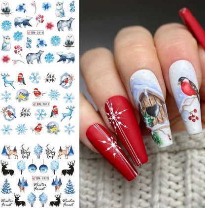 12 Sheets Snowflake Nail Art Stickers Water Transfer Nail Decals Christmas Nail Art Decorations Blue Snowflake Elk Santa Tree Bear Cute Winter Pattern Watermark Nail Stickers for Women DIY Nail Supply