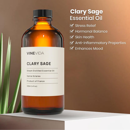 VINEVIDA Clary Sage Essential Oil 4 oz - Undiluted Candle Scent DIY Scents for Candlemaking Bulk Soap Making Safe Skin, Pack of 1,4 Fl Oz,120 milliliters,7.18 Ounces