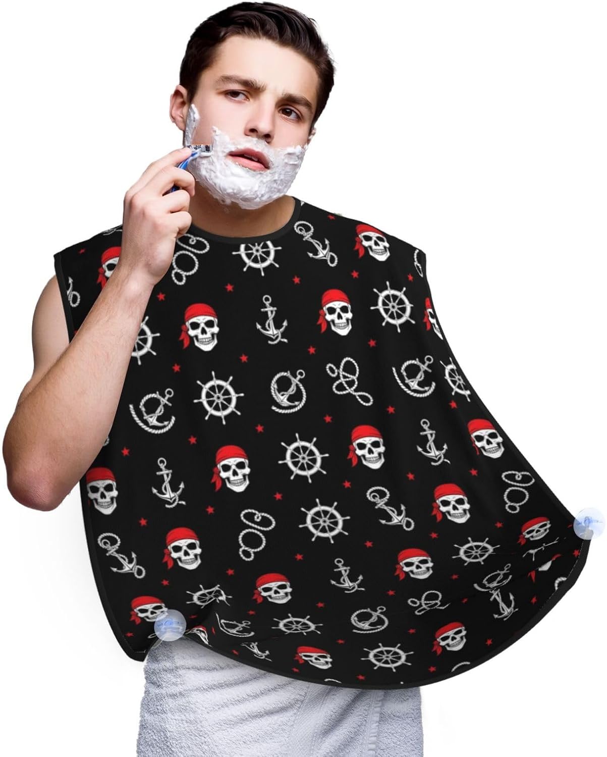 No-Slip Shaving Bib, Beard Grooming Apron with Strong Suction Cups, Nautical Anchor Pirate Skulls Crossbones