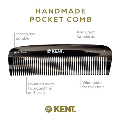 Kent 12T Black Graphite Pocket Comb - Handmade Wide Tooth Hair Comb for Men, Women, and Kids - Travel, Beard, and Mustache Comb - Saw Cut and Hand Polished Made in England