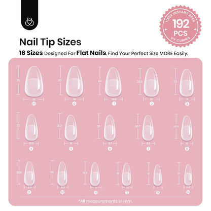 Beetles Tipex Instant Apex Nail Tips, Medium Oval Almond Acrylic Nails 192 Pcs Pre-Building Pre-Etched Thicker Gel Nail Tips - 16 Sizes Strong Full Cover False Nail
