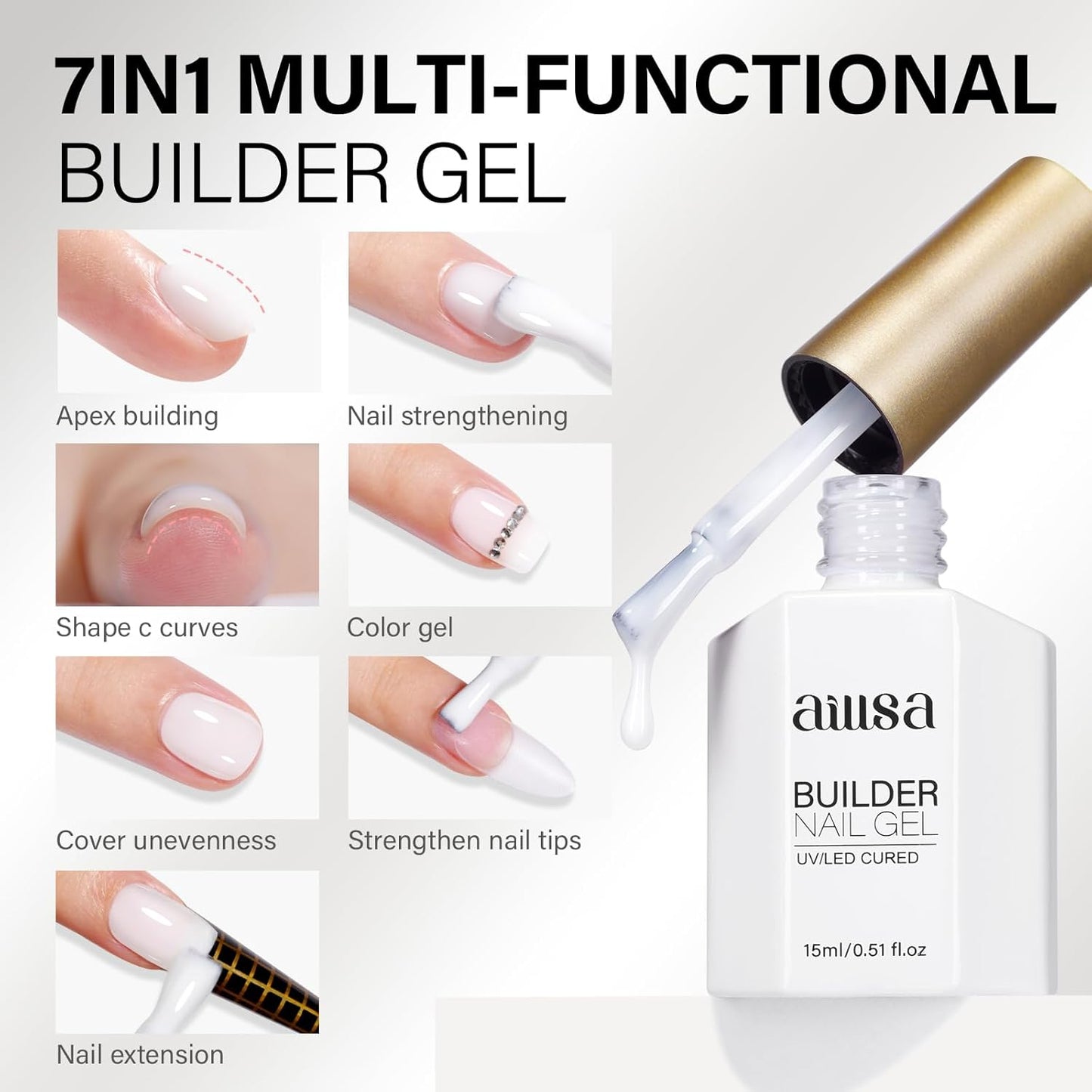 AILLSA Builder Gel for Nails Milky White 7 In 1 Hard Gel Polish for Nail Thickening Nude Strengthener Nail Polish Light Color Extension U V Gels for Nail Art Base Coat Needed 0.51 Oz GB08