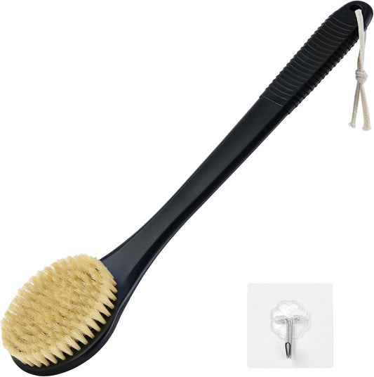 Back Scrubber for Shower, Shower Body Brush for Cleaning with Long Handle for Showering, 17 Inch Back Washer Exfoliator for Shower Men Women with Non-Slip Handle, Adhesive Hook (Black-Boar Bristles)