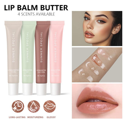 4PCS Summer Ultra-Hydrating Lip Butter Balm – Natural Vegan Lip Balm for Instant Moisture, Shine & Hydration, Sheer-Tinted, Soothes & Softens Dry Lips, Taste Vanilla & Mint & lced Coffee & Cake